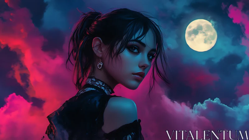 Young woman stands under full moon amid neon clouds