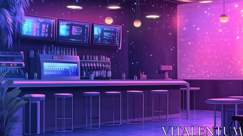 Futuristic neon bar interior with glowing cosmic wall
