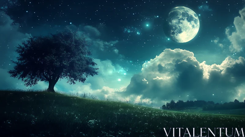 Lone hillside tree under oversized moonlit nebular sky