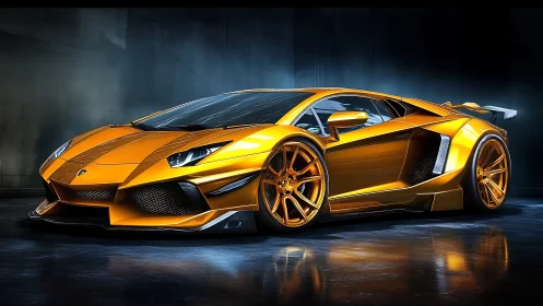 Golden widebody hypercar render in moody studio lighting