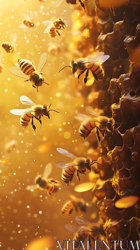 Rendered worker bees hover near detailed honeycomb surface