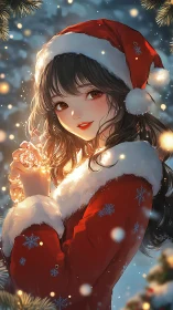 Christmas girl in red coat holding glowing winter lights.