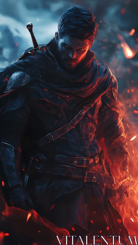 Firelit wanderer poised between embers and stormlight.