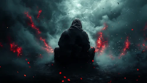 Shrouded wanderer rests calmly in a storm of embered mist