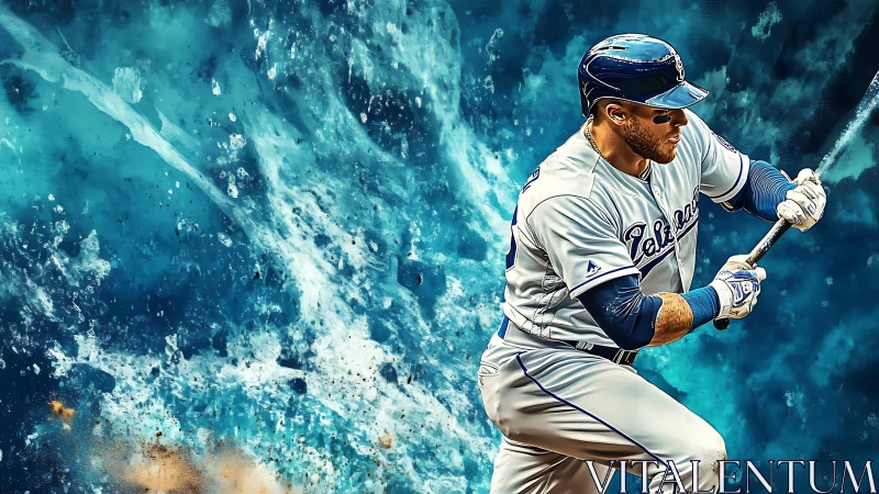 Baseball batter in mid-swing before abstract blue backdrop.