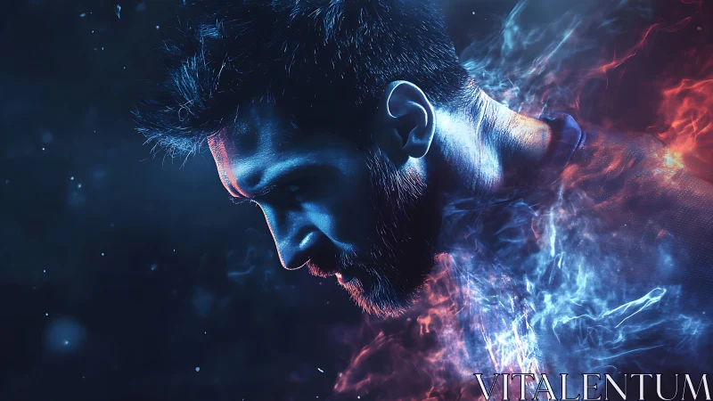 Bi-chromatic portrait of focused man in volatile energy field.