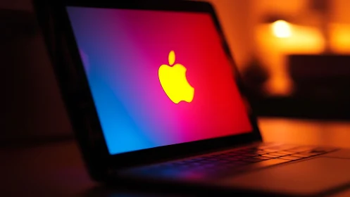Neon fruit logo glows like digital sunset on sleek laptop