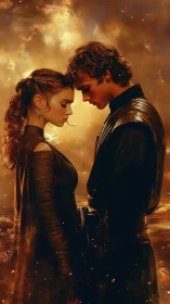 Cinematic Romance Against Golden Fire Background.