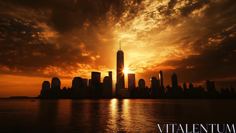 Golden skyline silhouettes glow against a fiery sunset sky.