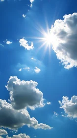 Photorealistic cumulus sky with radiant sunburst highlights.