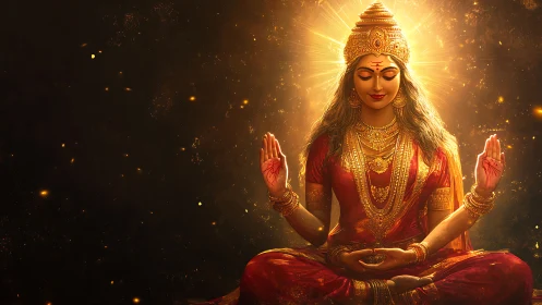Radiant meditative goddess in golden aura on dark field.
