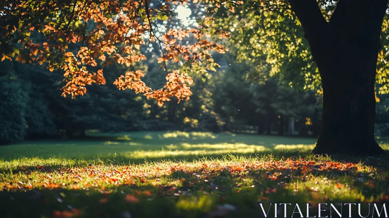 Warm evening sunlight filters through autumn park tree