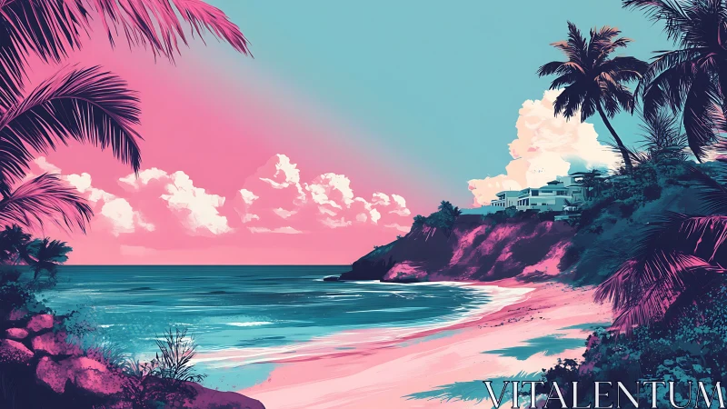 Dreamy neon coastline where cotton candy clouds glow.