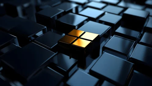 Shiny Black Cubes with Central Golden Highlight, Futuristic Style.