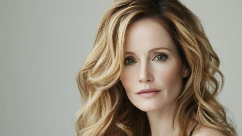 Soft portrait of a thoughtful woman with golden waves.