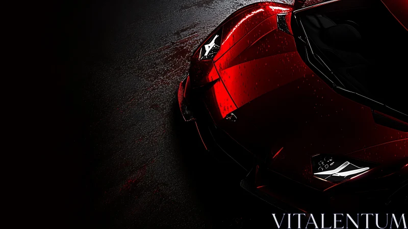 Red sports car hood in dramatic low light on wet road.