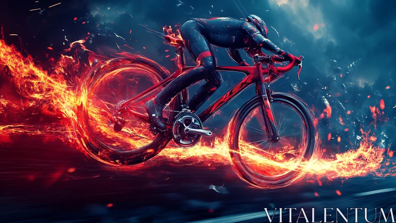 Cyclist Figure on Red Bicycle Surrounded by Flame Effect