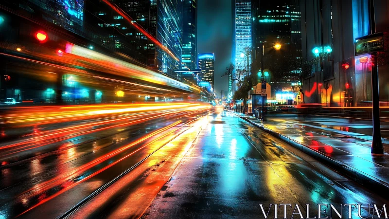 Rainy city street with colorful light trails at night.