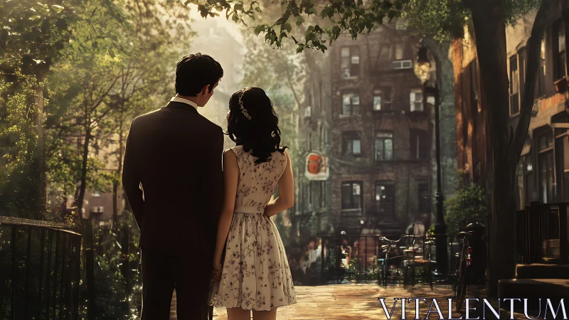 Vintage Urban Couple Walking Through Sun-Dappled Tree-Lined Street.