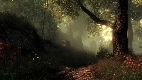 Volumetric Light Through Dense Forest Canopy with Atmospheric Fog Rendering