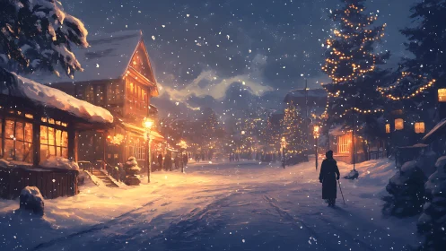 Snowy village street glows under warm festive lanterns.