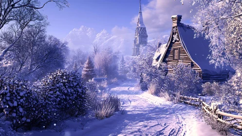 Snow-dusted cottage trail beneath lilac winter hush.