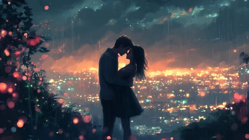 Cyberpunk Urban Romance: Silhouetted Couple Overlooking Neon Cityscape Rain.