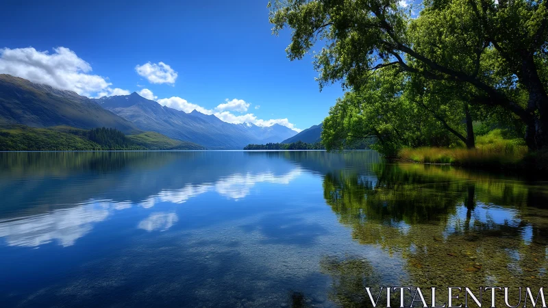 Quiet mountain lake reflects bright blue sky and soft clouds
