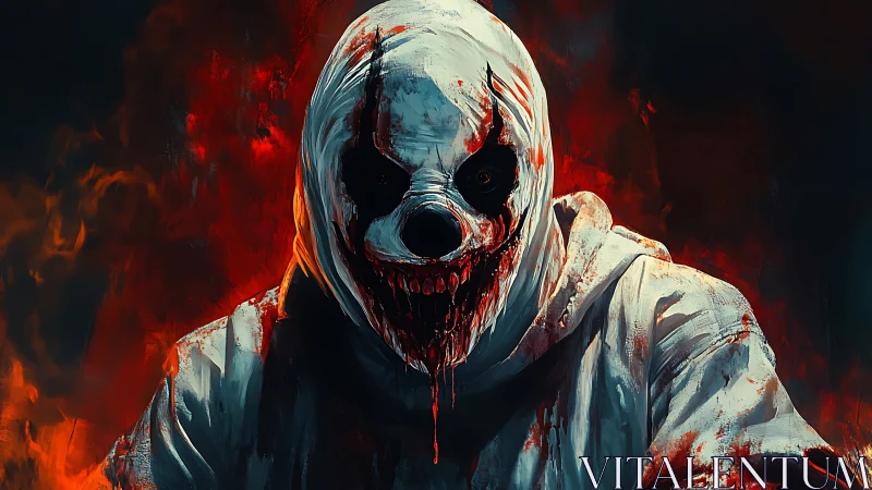 Blood-soaked skull-masked figure emerges from burning shadows