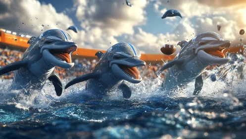Playful stadium dolphins turning game day into splash day.