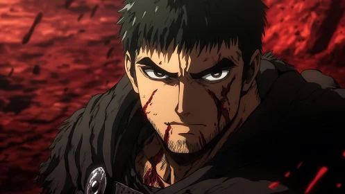 Battle-worn male anime warrior stares forward in profile