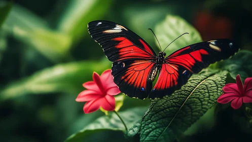 Crimson wings hold still while jungle greens quietly breathe