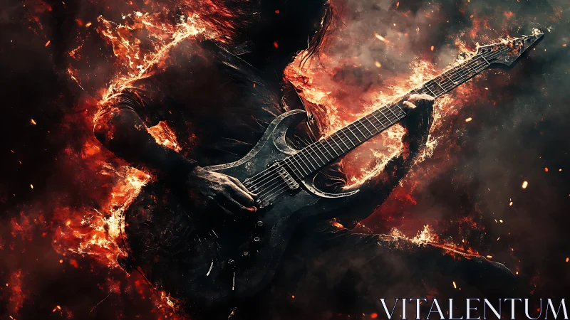 Silhouetted electric guitarist is rendered amid dynamic fiery effects