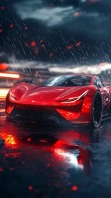 Electric red supercar slicing through neon rainstorm night.