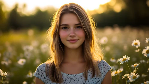 Sunlit shallow‑depth portrait of girl in daisy field at dusk