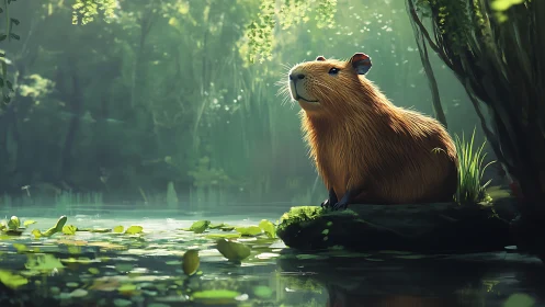 Capybara resting on mossy river rock under forest light.