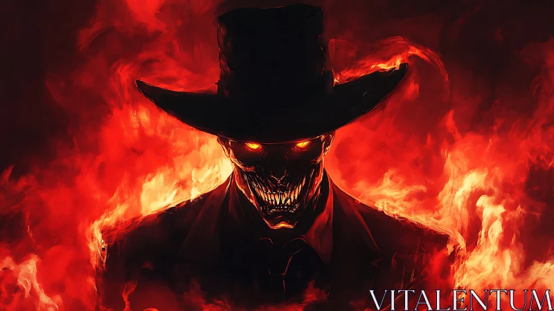 Infernal skeletal gunslinger in burning crimson flames.