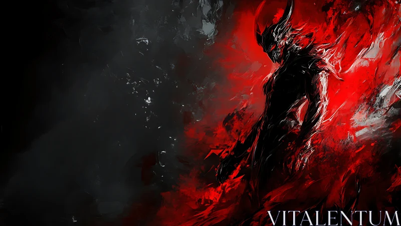 Demonic horned figure in red and black abstract flames.