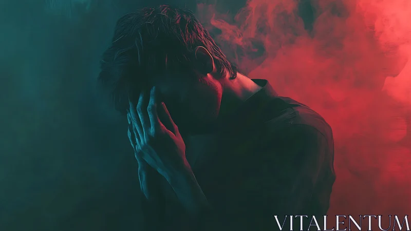 Moody male portrait uses teal and red rim lighting to dramatize