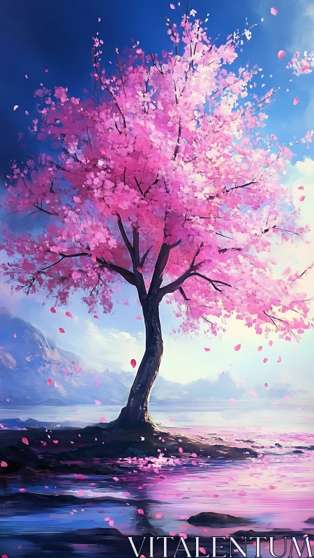 Solitary sakura tree rendered in luminous digital brushwork