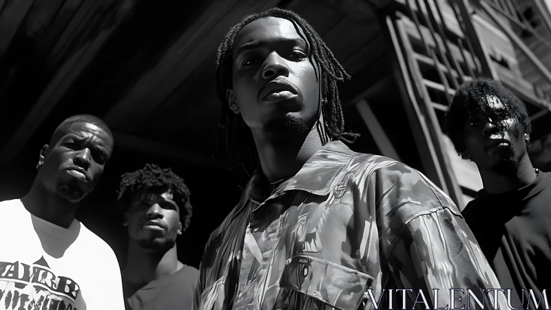 Urban street portrait group in dramatic hard sunlight.