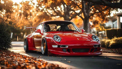 Classic red sports car glowing in soft autumn sunset light.