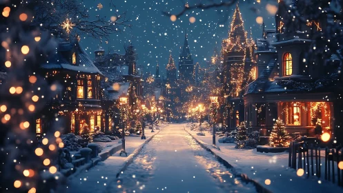 Snowy Christmas street glows with warm festive lights.