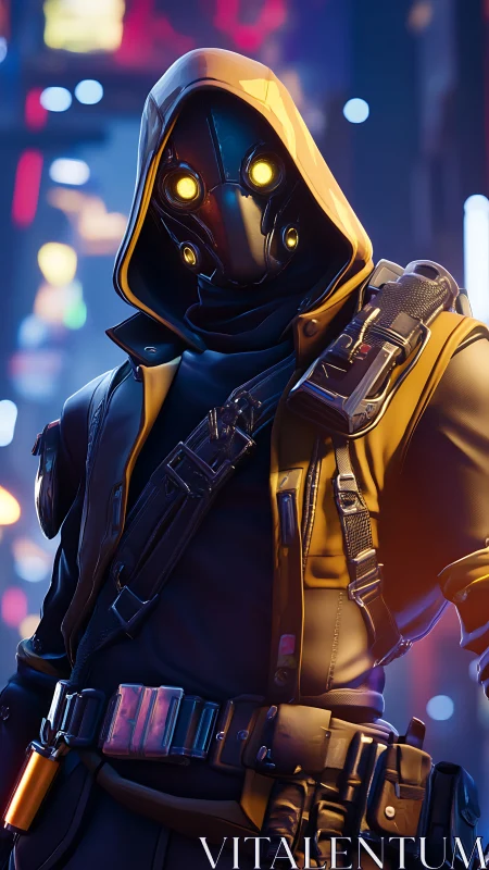 Neon cloaked sentinel studies the cybernetic city lights