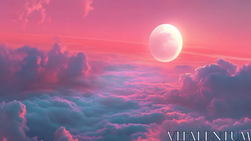 Dreamy pink sky cradling a glowing moon above clouds.