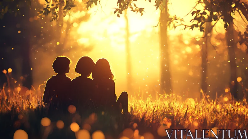 Silhouetted children in golden hour forest clearing with bokeh illumination