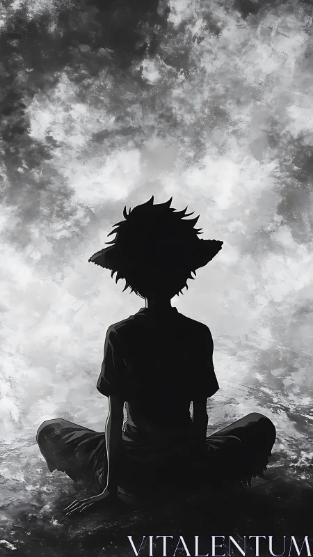 Backlit anime silhouette seated in monochrome atmospheric mist