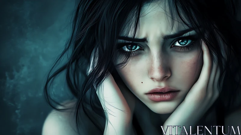 High-contrast teal portrait of pensive young woman, tight crop