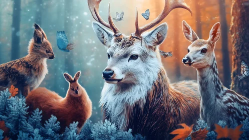 Gentle forest deer and woodland friends in glowing light.