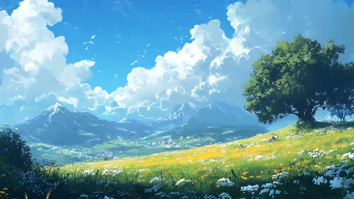 Atmospheric alpine meadow under cumulonimbus sky study.